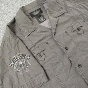 Harley Davidson Shirt Men Large Gray Short Sleeve Skull Wings Biker Flap Pockets